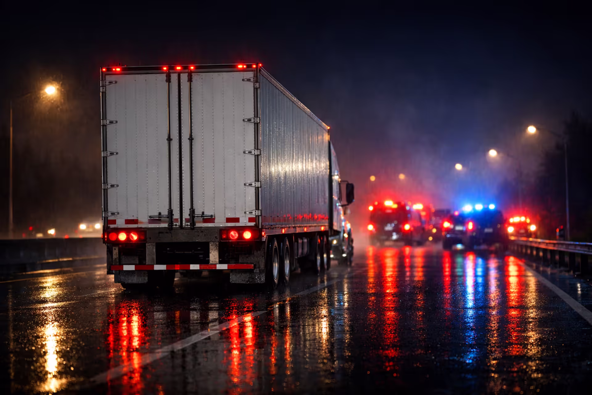 Emergency lights reflecting on wet highway behind a large semi-truck at night