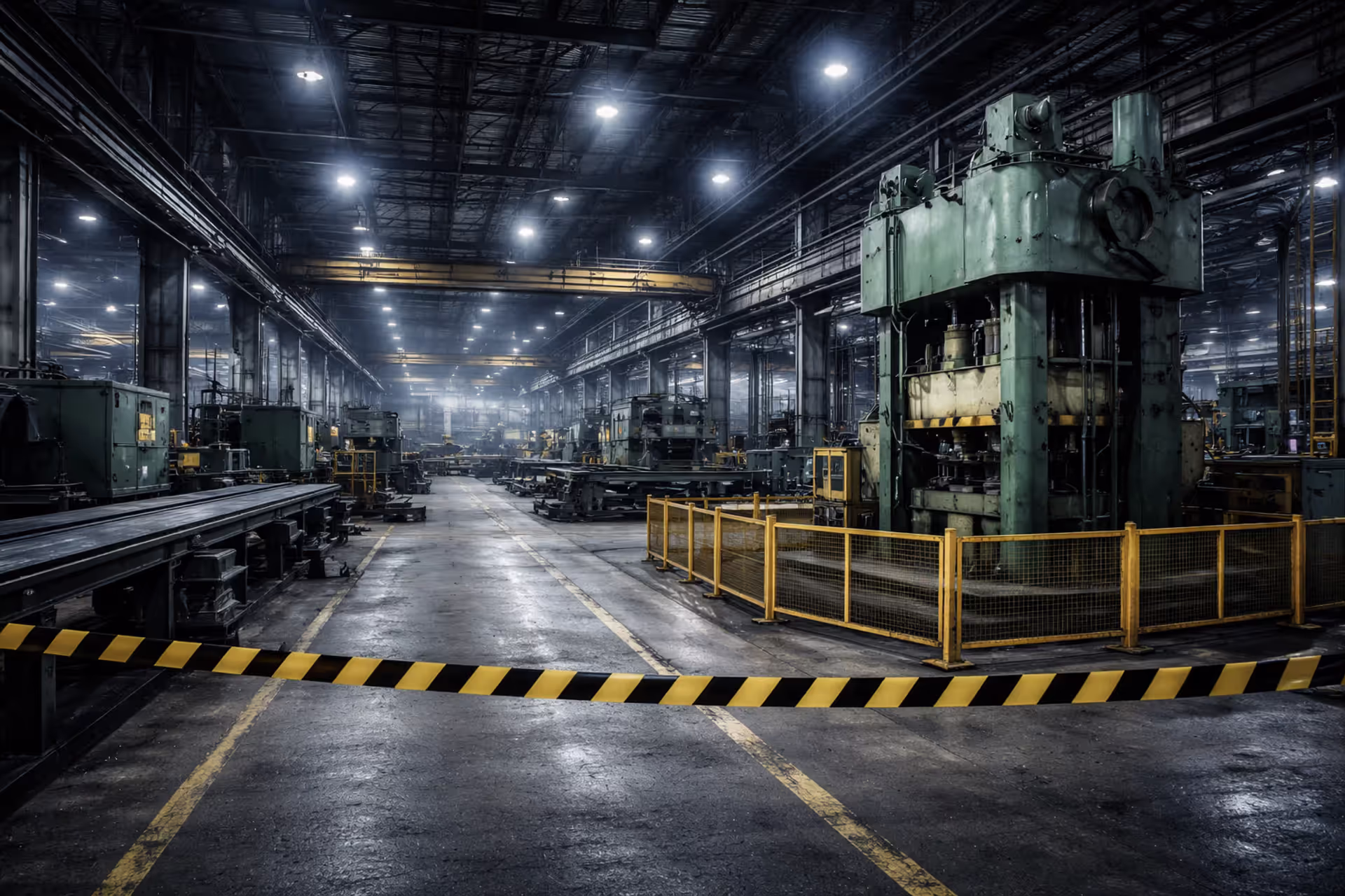 Industrial factory floor with heavy machinery, conveyor belts, and yellow-black caution tape blocking access to a large press machine