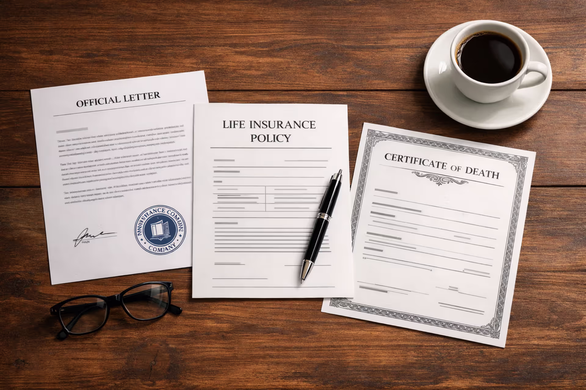 Life insurance death claim documents spread on a wooden desk including a policy, death certificate, and official letter from an insurance company