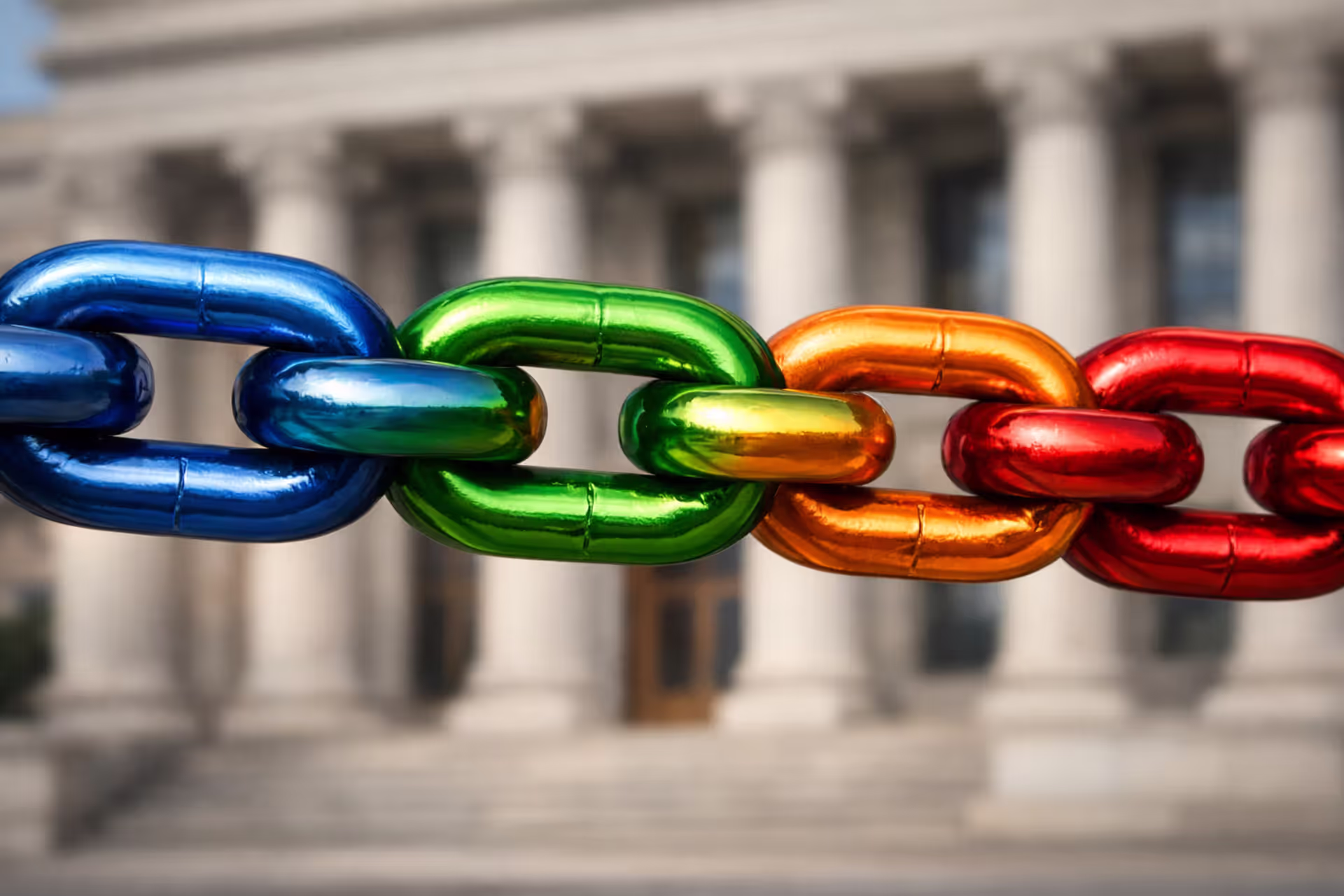 Four illuminated chain links in blue green orange and red colors in front of a blurred American courthouse building representing four elements of negligence
