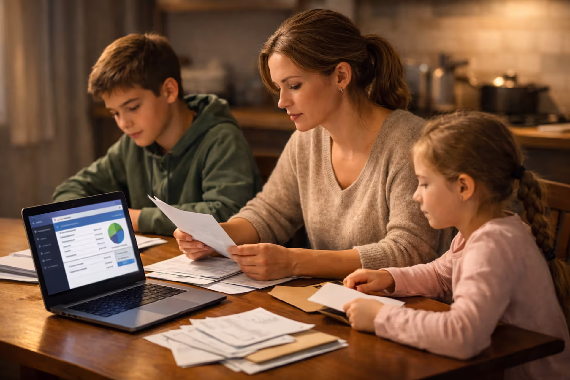 Family with two children reviewing financial settlement documents at kitchen table with laptop showing banking application