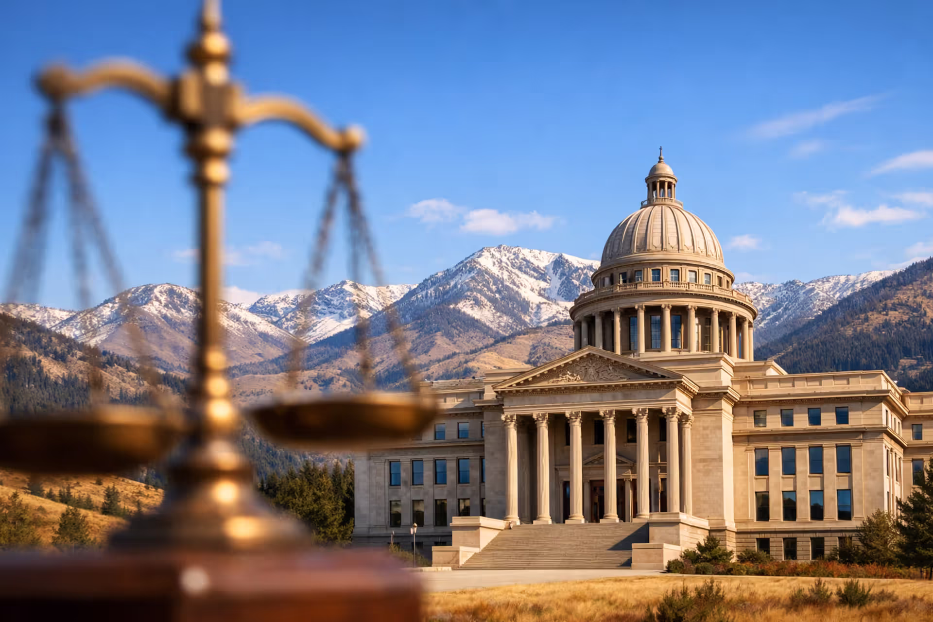 Idaho courthouse building with justice scales against mountain landscape background