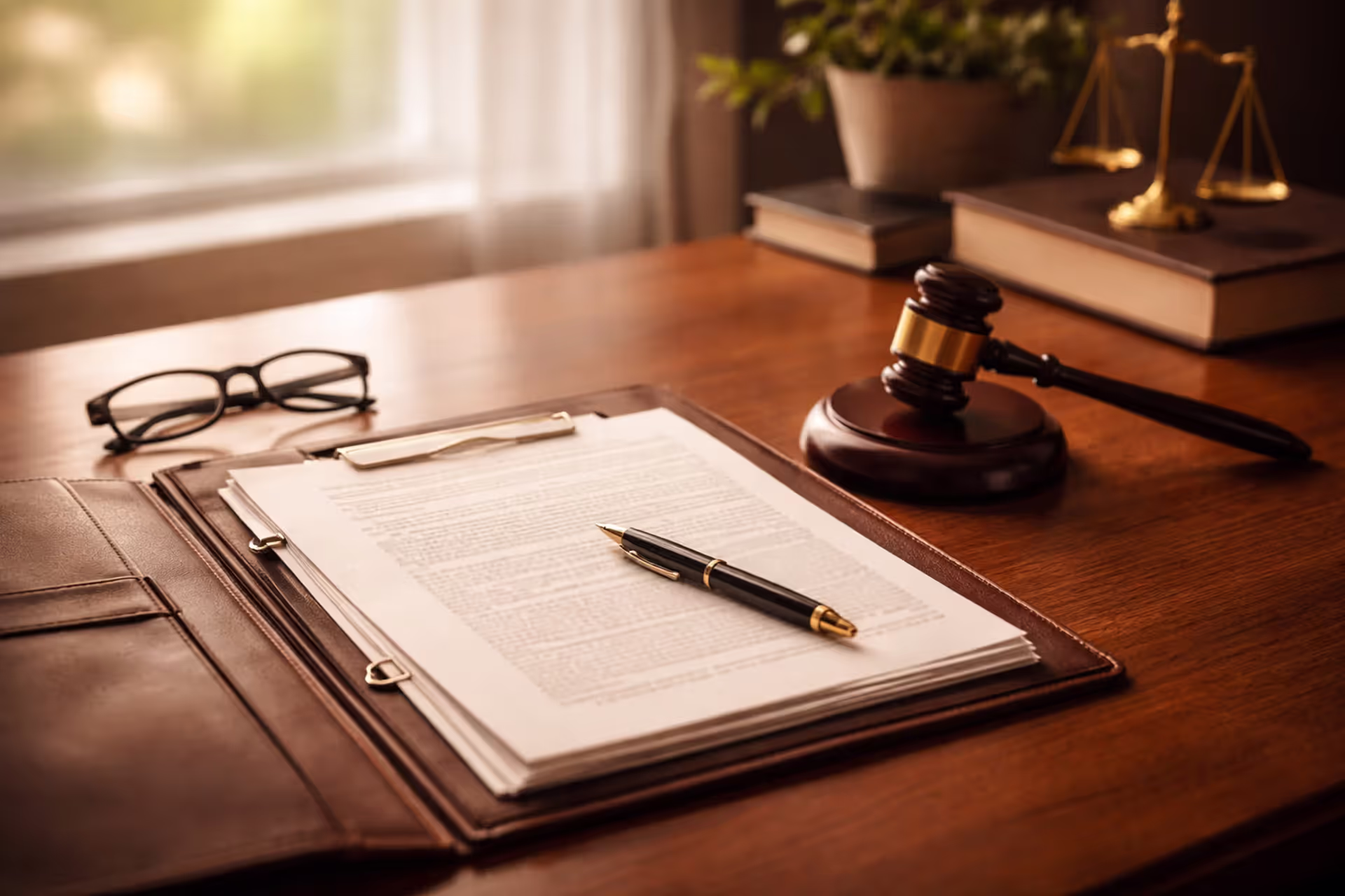 Legal desk with open case folder, judge gavel, pen, and glasses in soft natural light