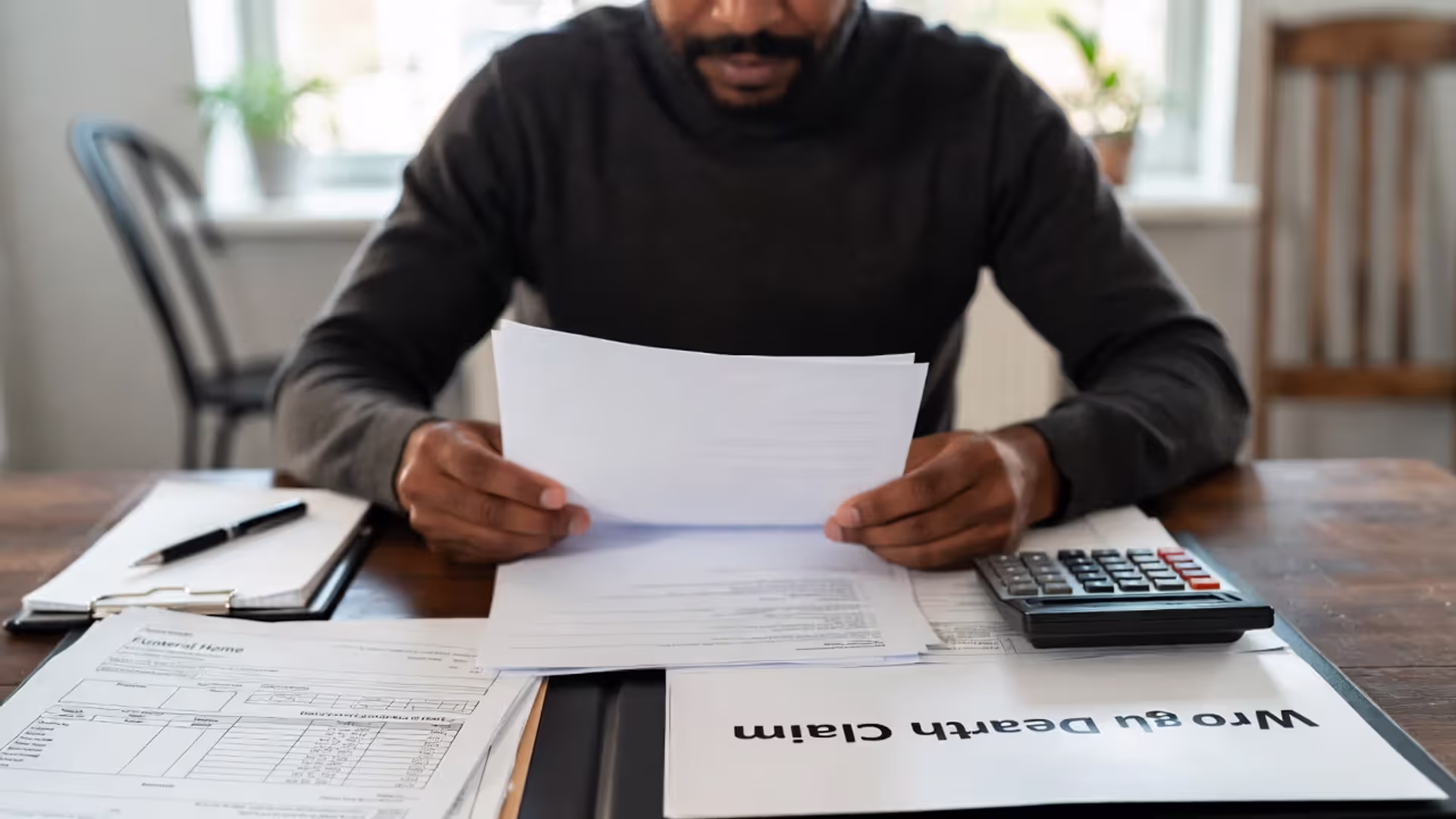 Person reviewing bills and wrongful death claim documents at a table.